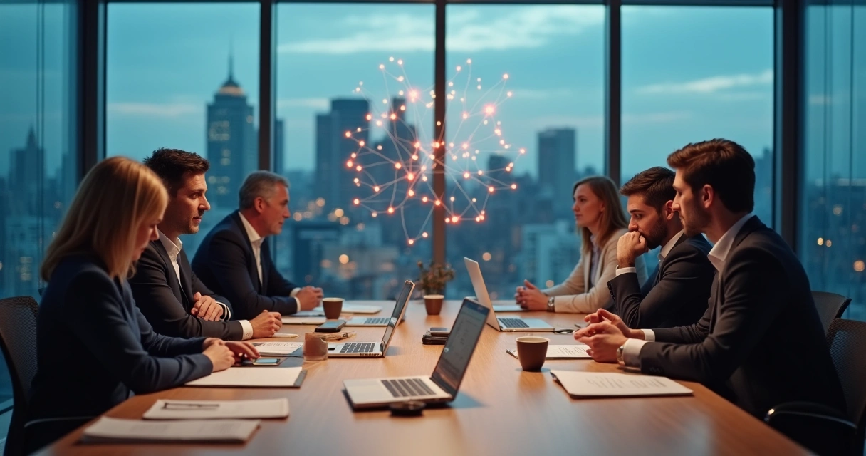 Equipe em reunião tensa com conexões sistêmicas destacadas ao fundo 