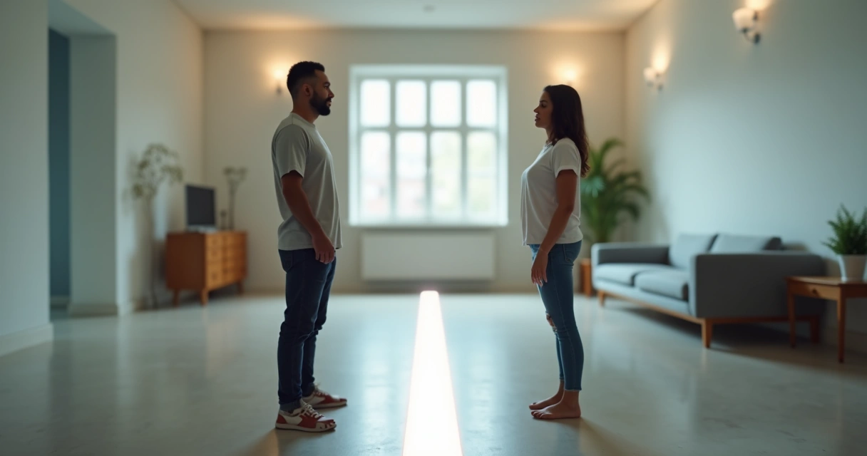 Duas pessoas em lados opostos de uma sala, separadas por uma linha simbólica 