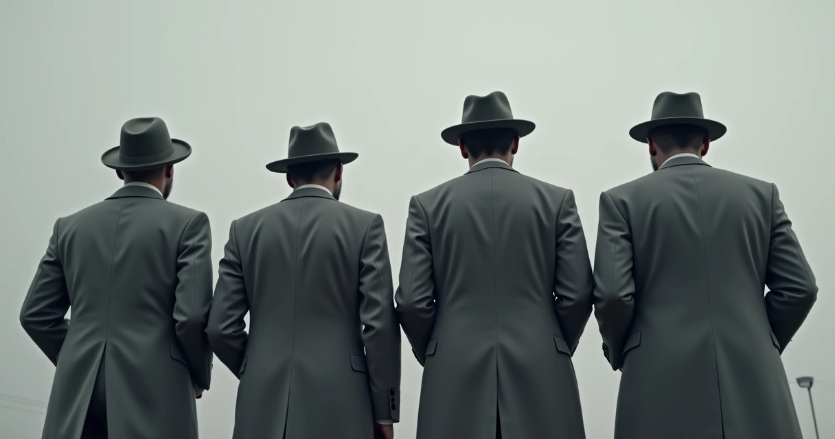 Personas alineadas usando sombreros idénticos