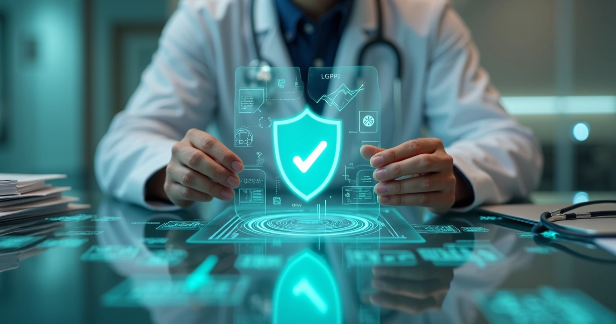Profissional de saúde encaixa peça de quebra-cabeça com ícone de segurança digital sobre prontuários médicos digitais 