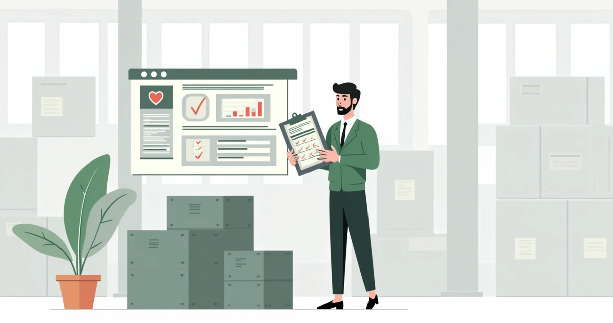 Supplier holding clipboard in warehouse with compliance symbols on screen 