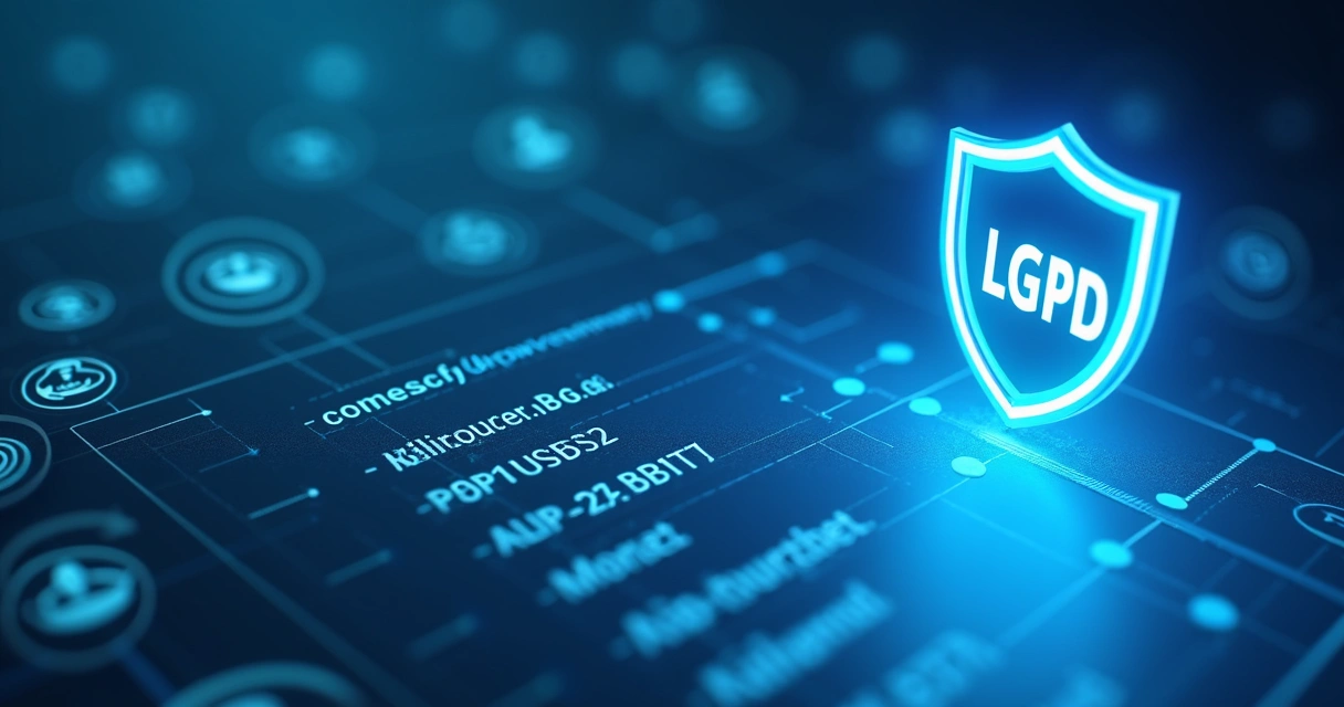 Símbolo da LGPD aparece sobre lista de contatos empresariais em fundo azul claro 