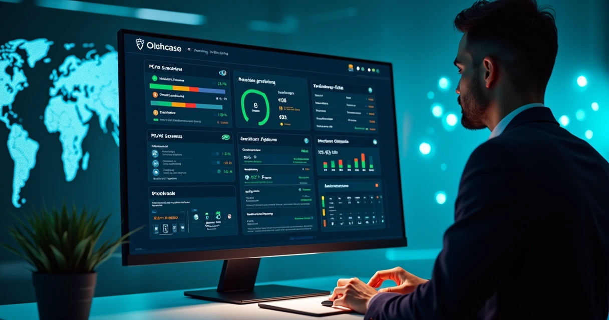 Painel de compliance digital com analista verificando listas de sanções e PEPs 