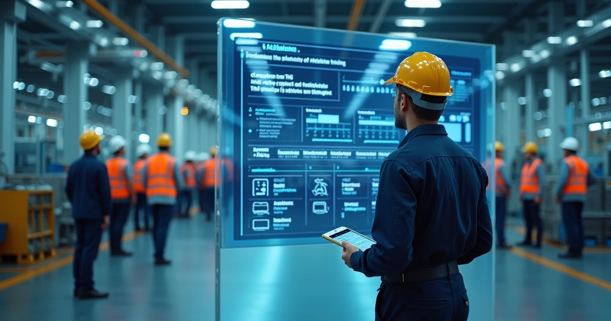 Gestor conferindo painel digital de conformidade de treinamentos industriais 