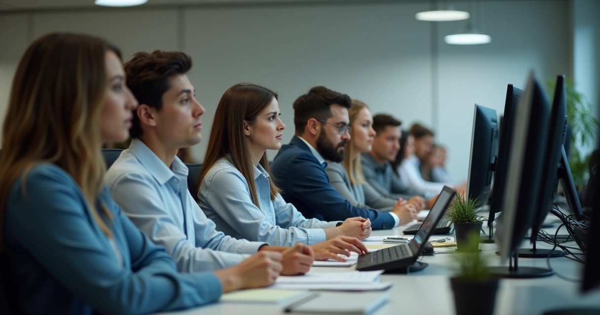 Personas sentadas en oficina mirando en la misma dirección 