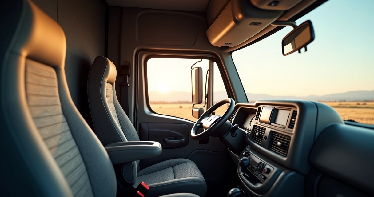 Interior de cabine de caminhão mostrando itens de conforto, como banco ergonômico e ar-condicionado 