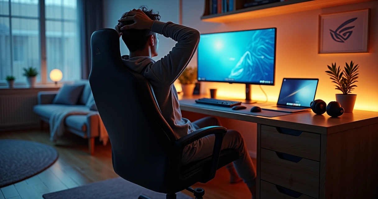 Pessoa se esticando em cadeira ergonômica diante de computador ajustado 
