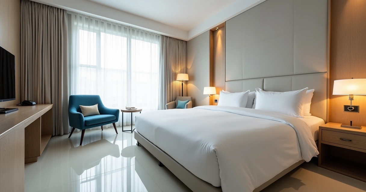 Quarto de hotel limpo e confortável com cama arrumada 