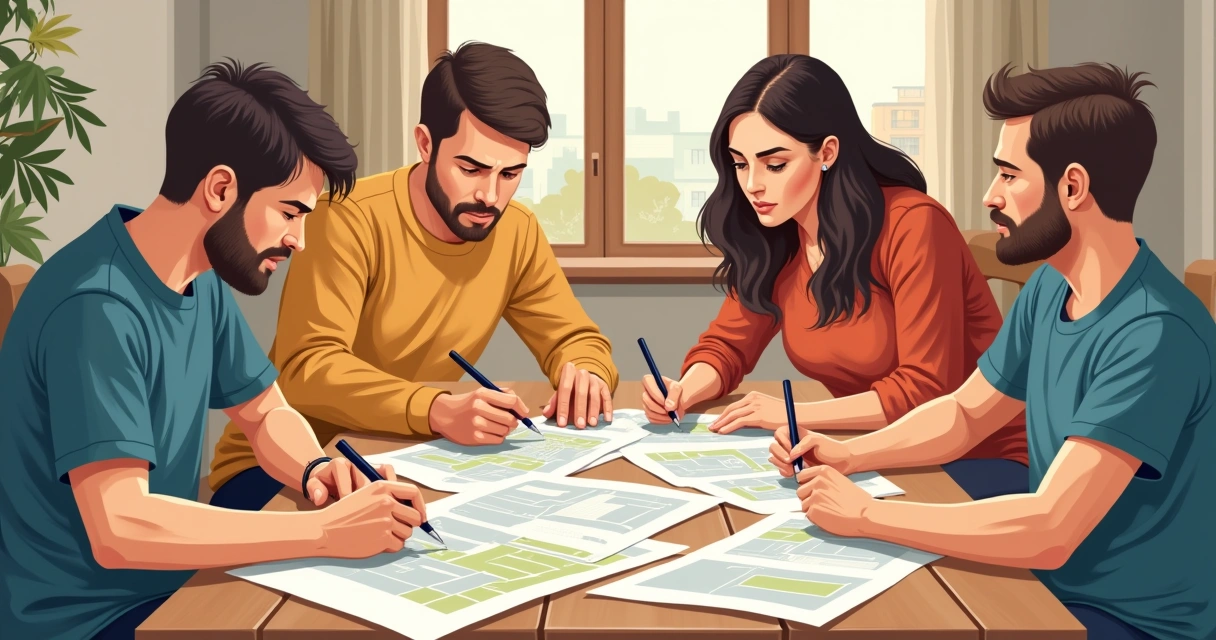 Vizinhos reunidos olhando plantas de imóvel sobre uma mesa 