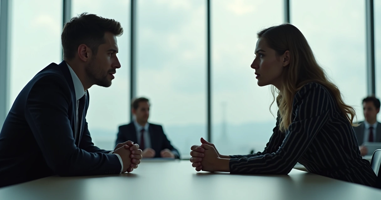 Duas pessoas em reunião de trabalho, com expressões faciais tensas e gestos fechados, sentadas frente a frente. 