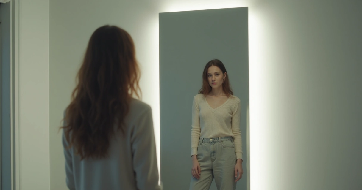 Pessoa diante de um espelho, refletindo sobre si mesma.