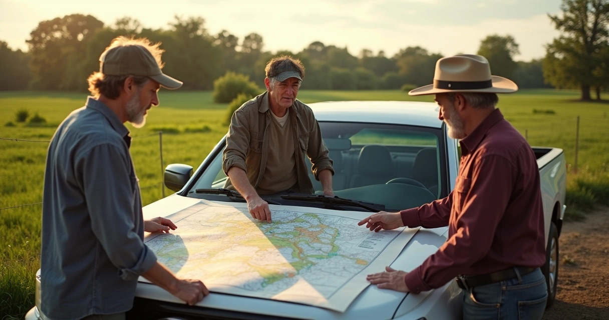 Discussão entre vizinhos mostrando mapa de limites em área rural 
