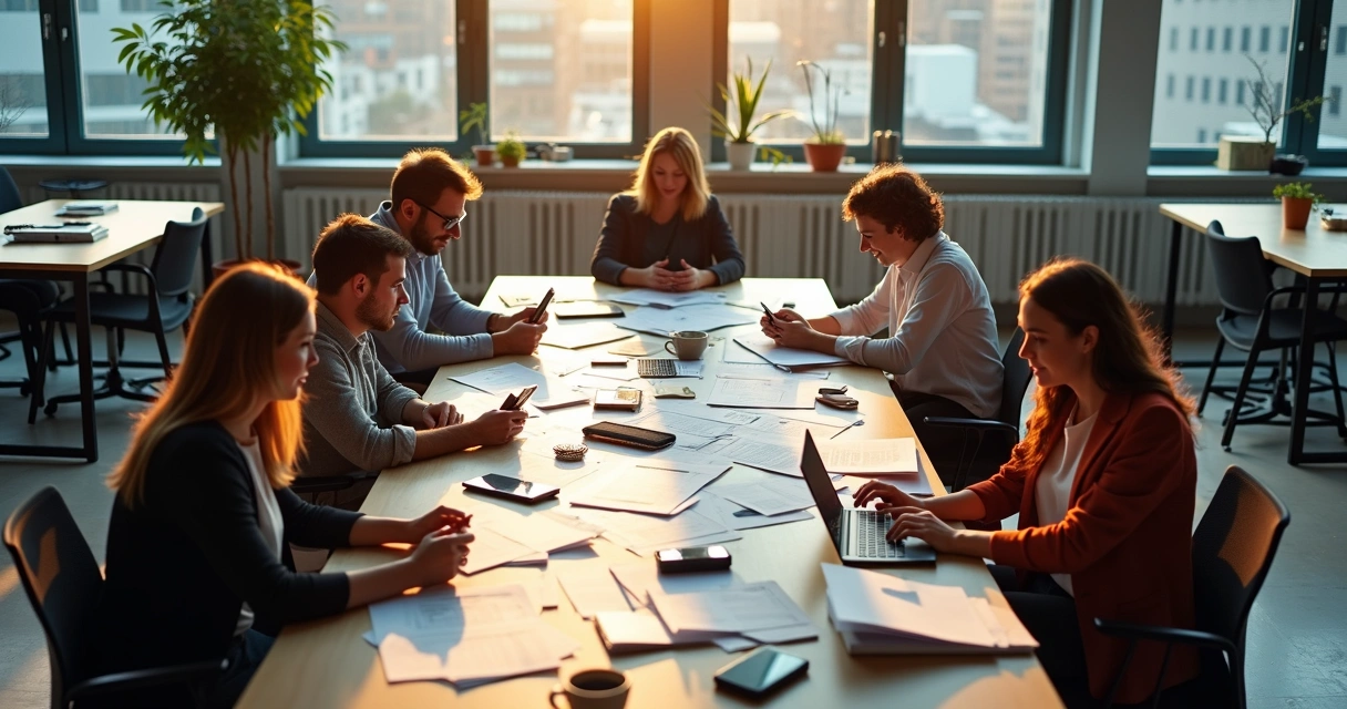 Equipe de agência de marketing ao redor de uma mesa bagunçada, papéis e celulares misturados