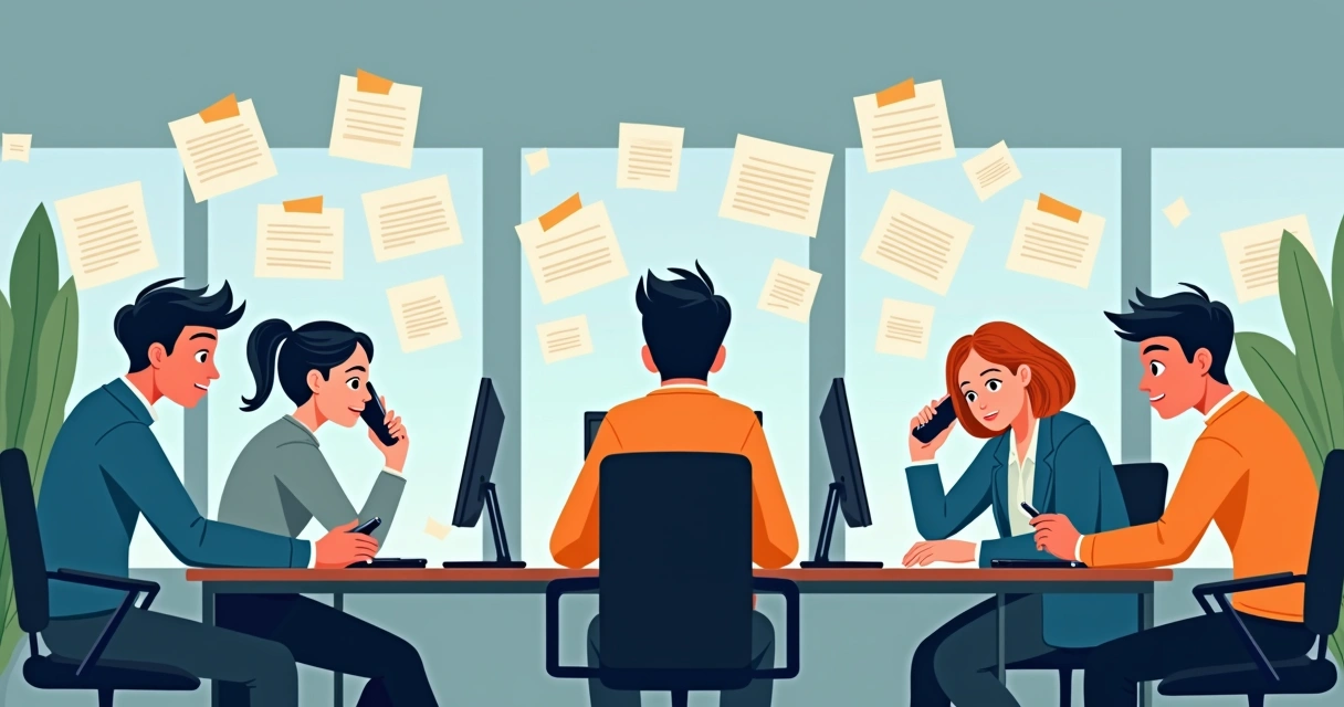 Colaboradores cercados por diferentes dispositivos de comunicação