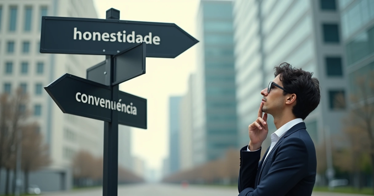 Pessoa olhando fixamente para dois caminhos em uma placa de seta