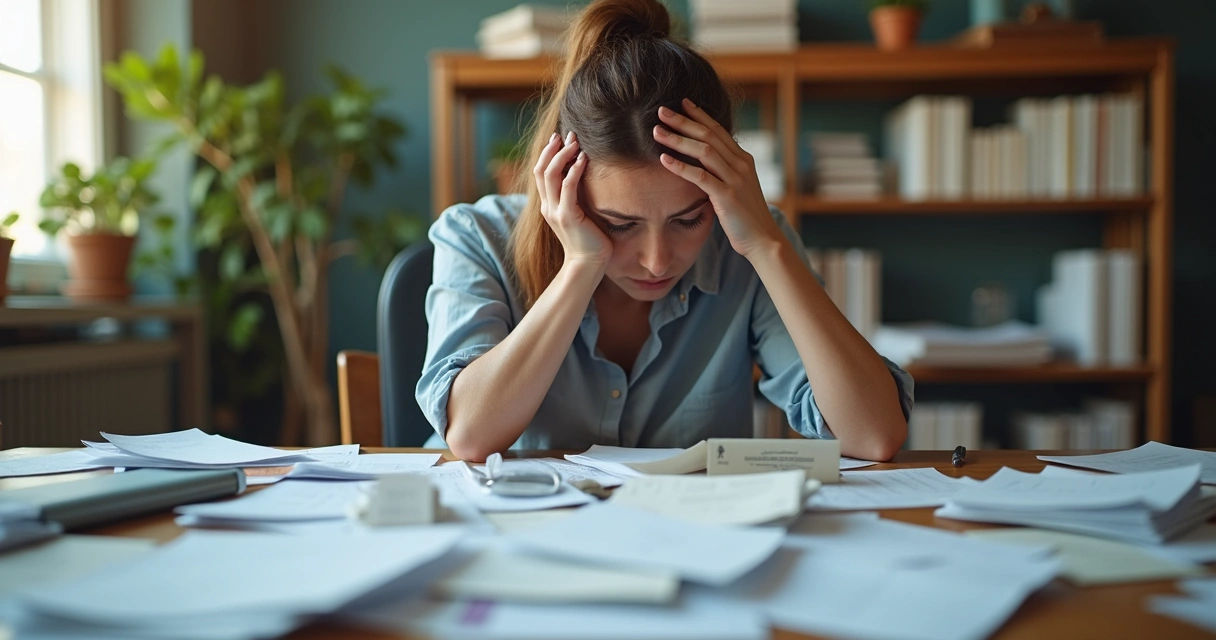 Ambiente de escritório desorganizado com papéis espalhados e gestora preocupada 