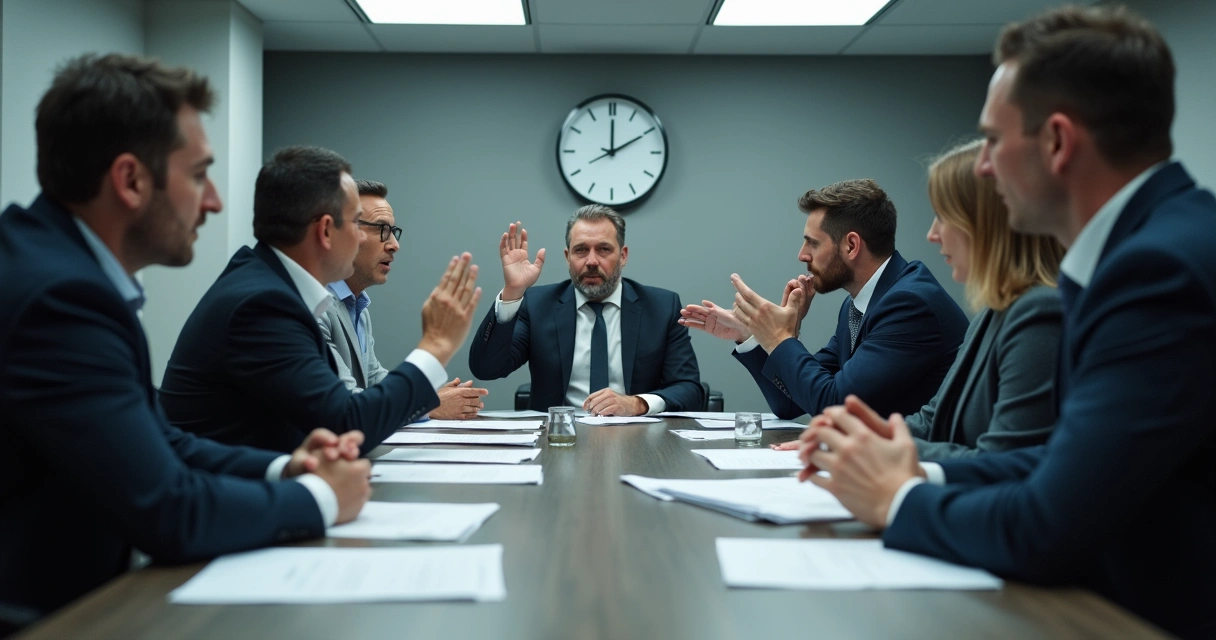 Equipe de trabalho demonstrando tensão e discussões acaloradas em reunião