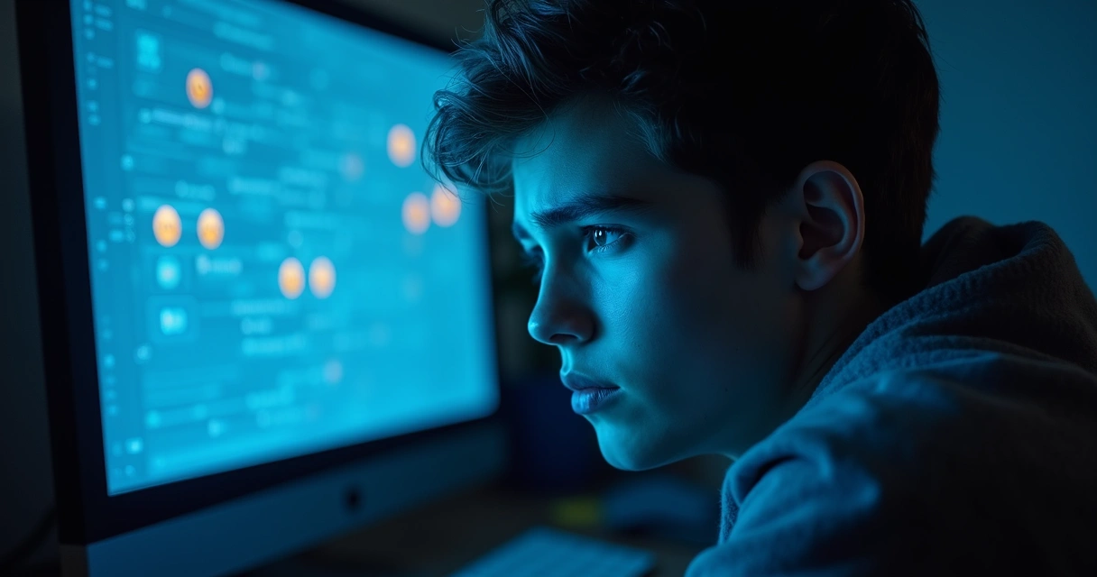 Jovem olhando preocupado para tela de computador em ambiente escuro, luz azul refletida no rosto, expressando dúvida 