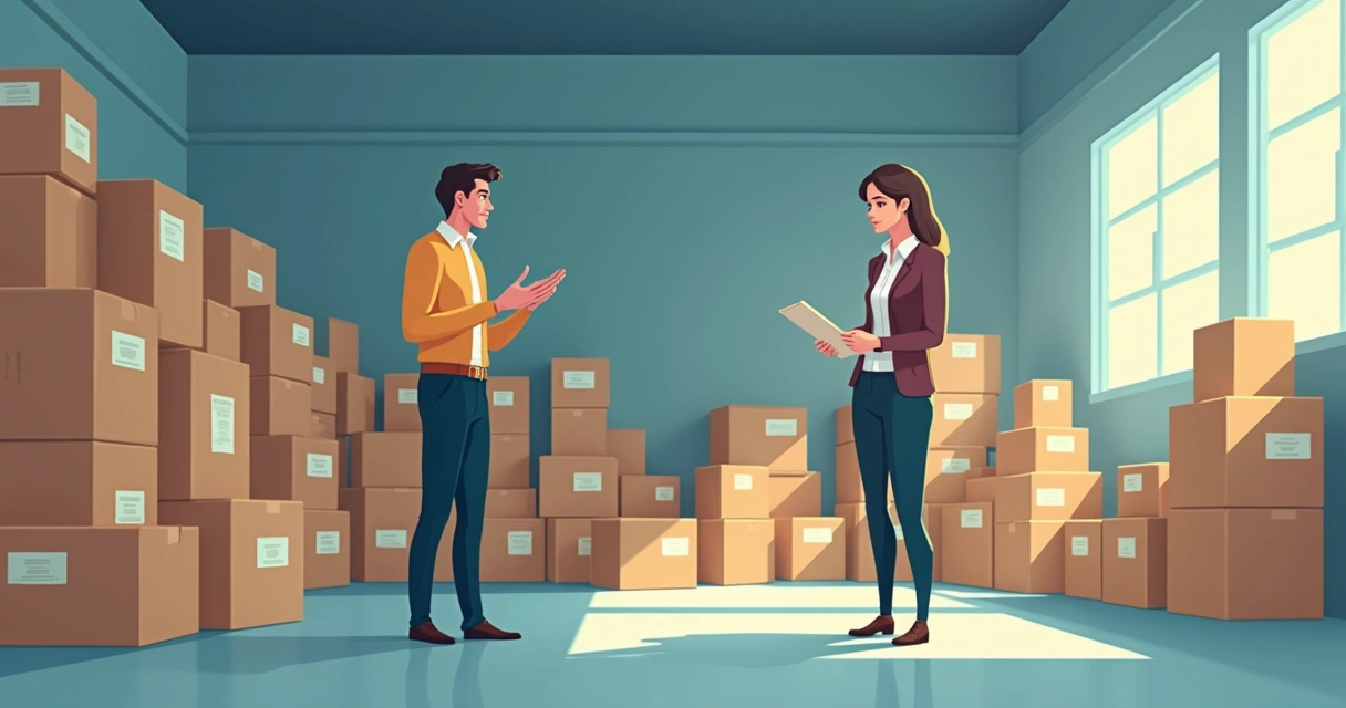 Duas pessoas olhando para caixas empilhadas em depósito confuso 
