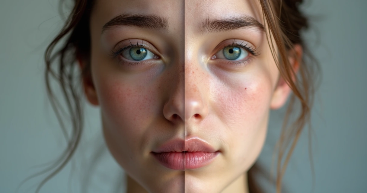 Rosto dividido ao meio mostrando tristeza de um lado e calma do outro. 