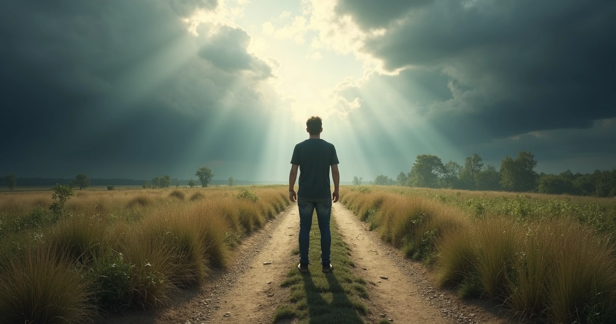 Pessoa olhando para o horizonte, diante de dois caminhos divergentes com ambientes distintos 