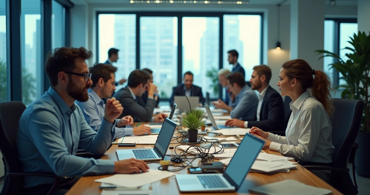 Equipe confusa em escritório desorganizado com papéis e computadores caóticos 