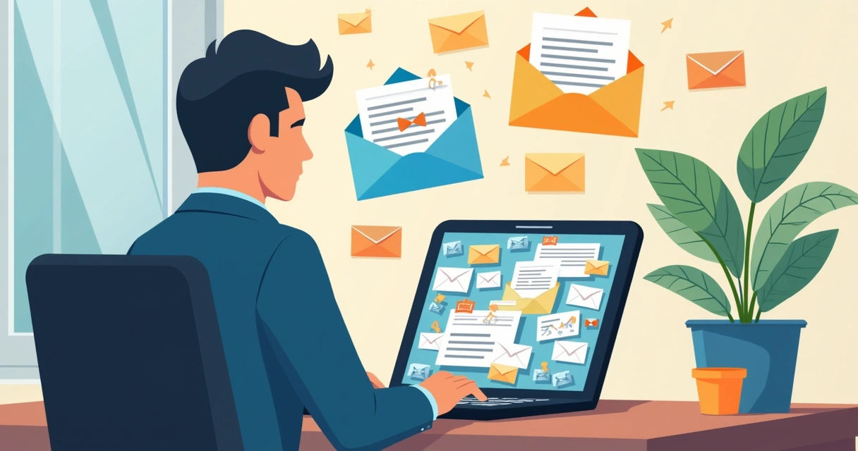 Person staring at a laptop looking confused, inbox full of emails 