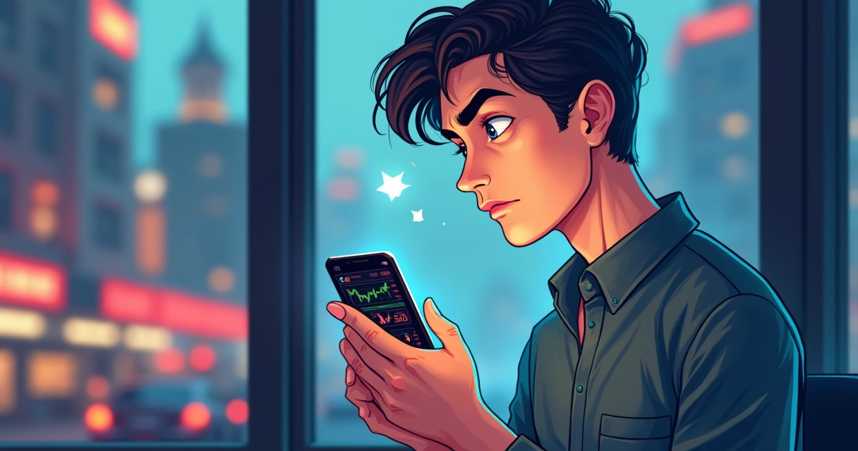 Person looking confused at mobile investment app with complex charts