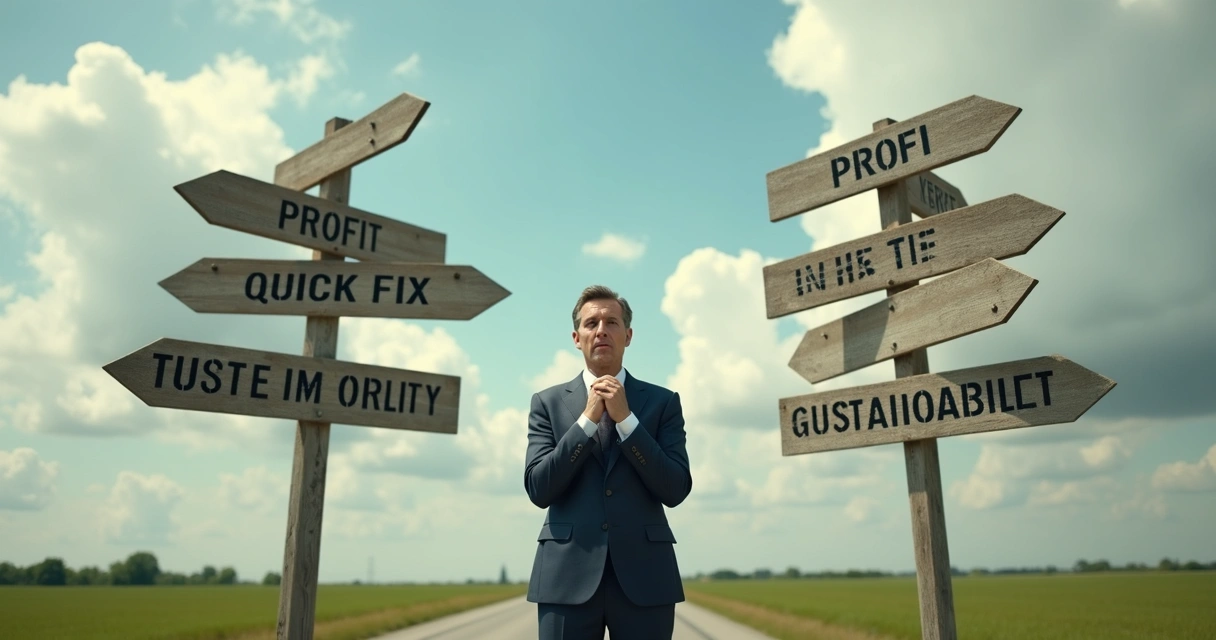 Leader at crossroads with multiple road signs 