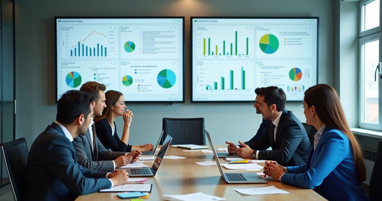 Team reviewing conflicting dashboards in a meeting room 