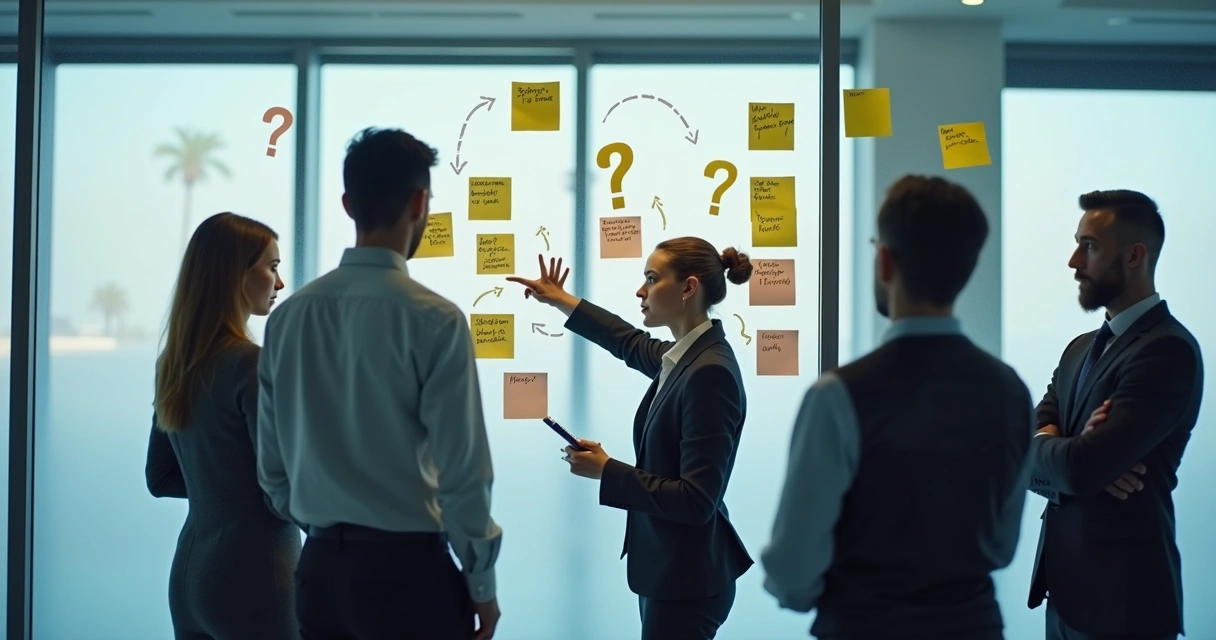 Team reviewing overlapping tasks on a glass wall 