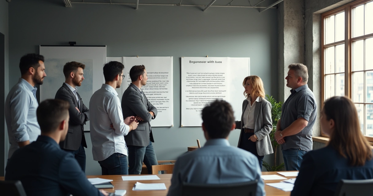 Office workers looking puzzled at posters with vague slogans about values and purpose.