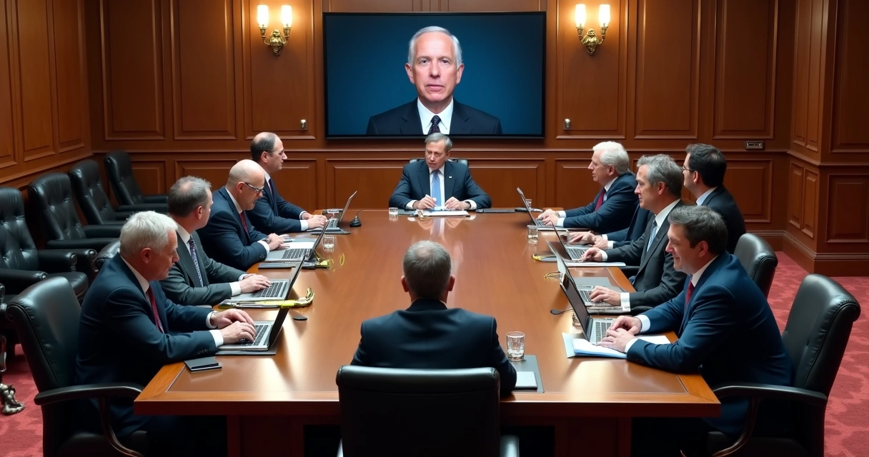 Congresso americano e industriais em sala de reunião discutindo liderança NASA 