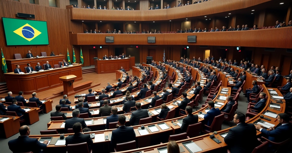 Plenário da Câmara dos Deputados durante votação da PEC da Blindagem com deputados presentes e tela digital de votação 