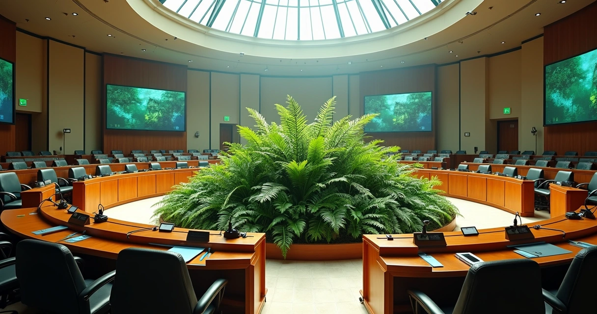 Sala do Congresso com vegetação ocupando o centro sob luz natural 