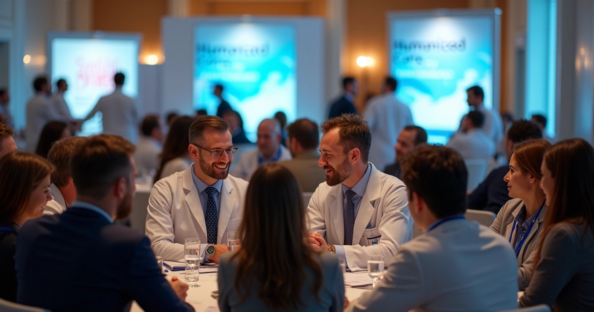 Cena de congresso médico com profissionais conversando e trocando experiências 