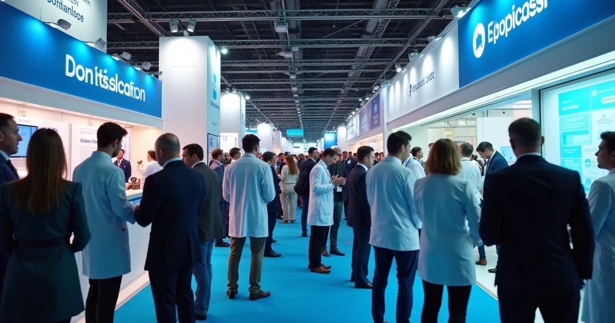 Profissionais médicos em rede conversando em evento de congresso médico 