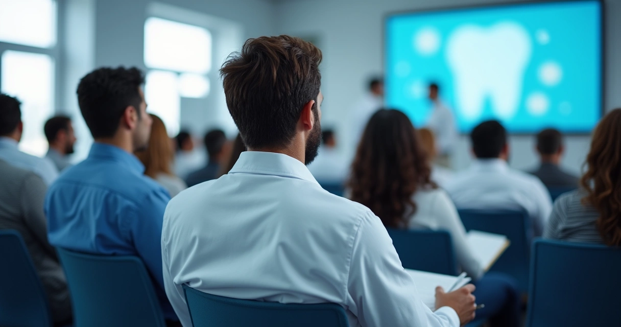 Dentista em congresso odontológico assistindo palestra, anotando em bloco de notas