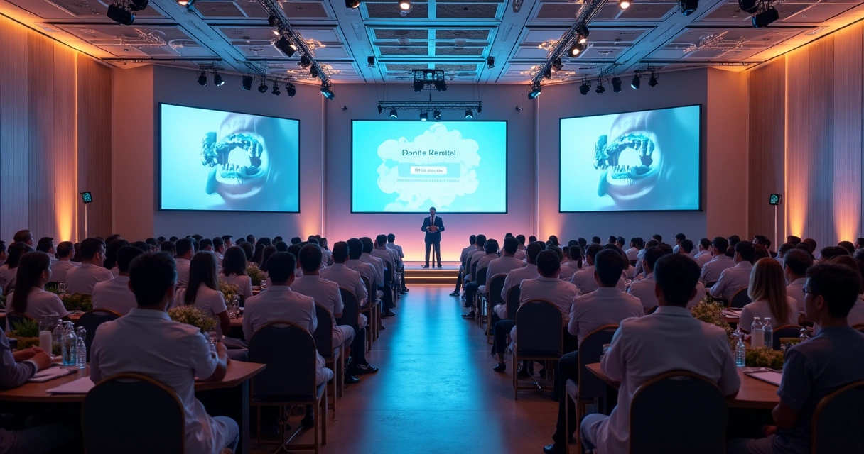 Evento odontológico, profissionais assistindo palestra 