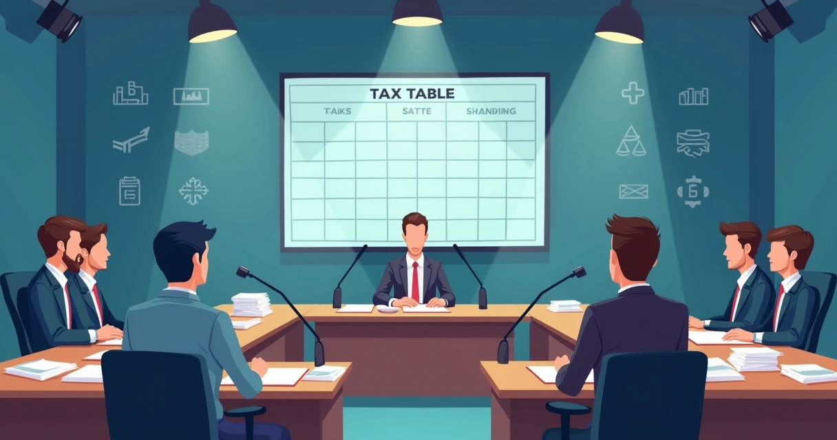 Sessão do Congresso com papéis, holofotes e tabela de imposto projetada ao fundo. 