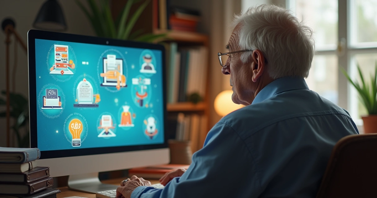 Pessoa mais velha aprendendo sobre tecnologia no computador 