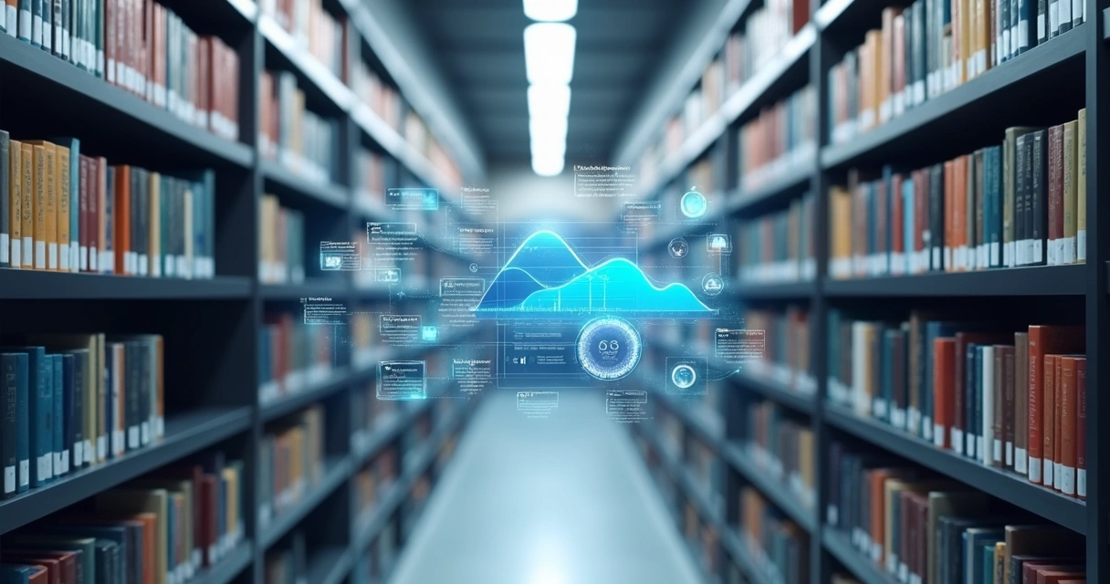 Biblioteca digital com prateleiras e livros organizados simbolizando estrutura de conhecimento 