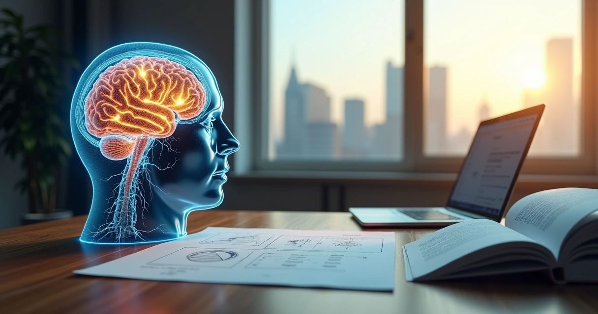 Cérebro humano iluminado ao lado de livros representando conhecimento tácito e explícito 
