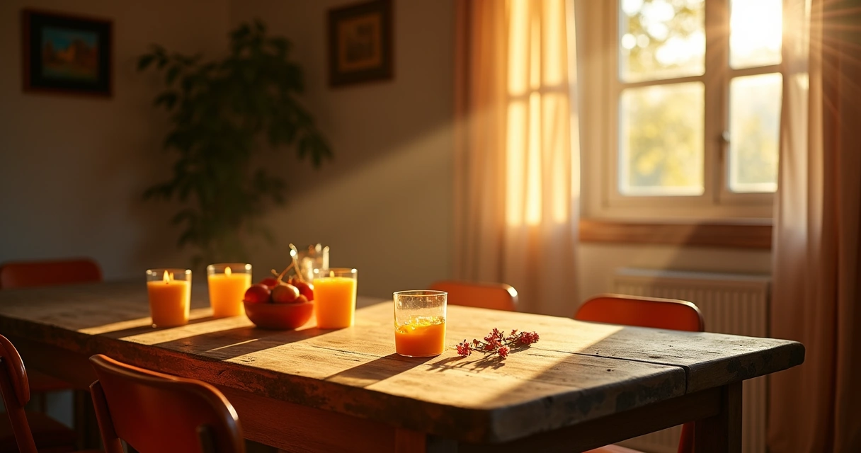Conjunto de búzios em mesa de madeira iluminada por luz suave do entardecer com velas e caderno.