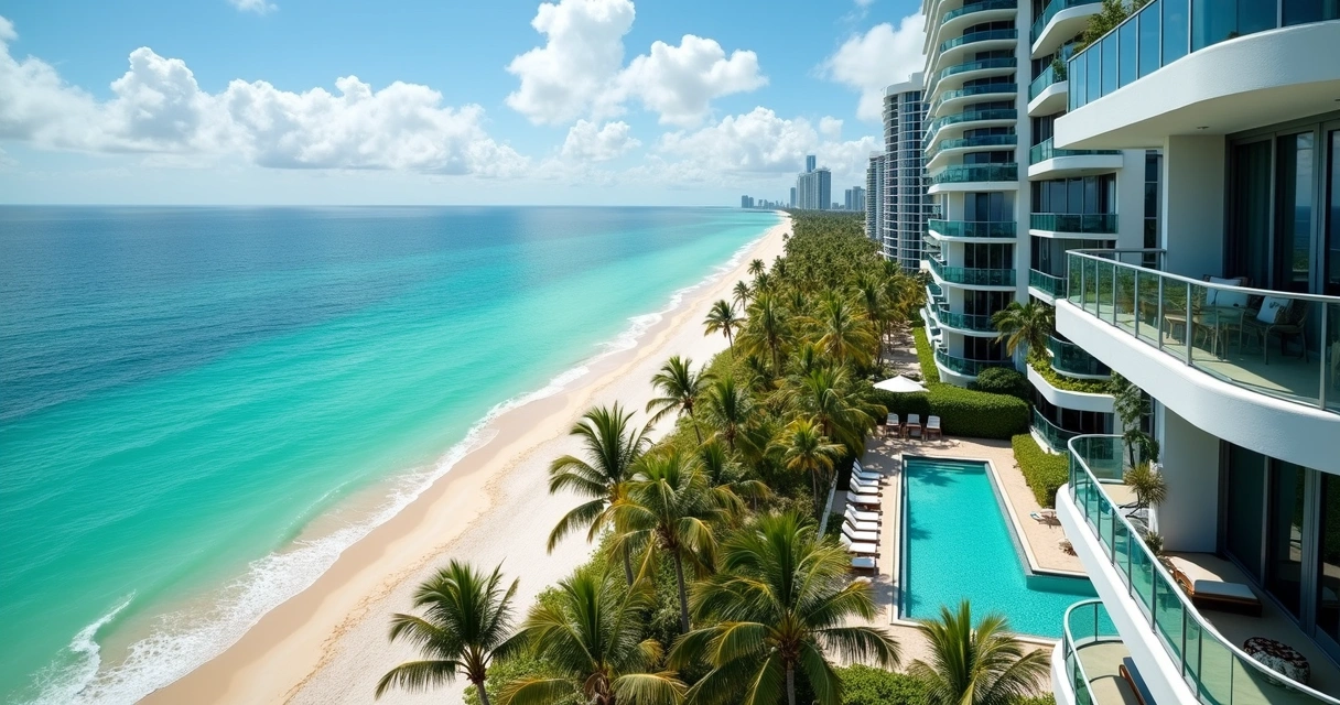 Vista de vários empreendimentos modernos à beira-mar em Miami Beach, com área de lazer e prédios de alto padrão 