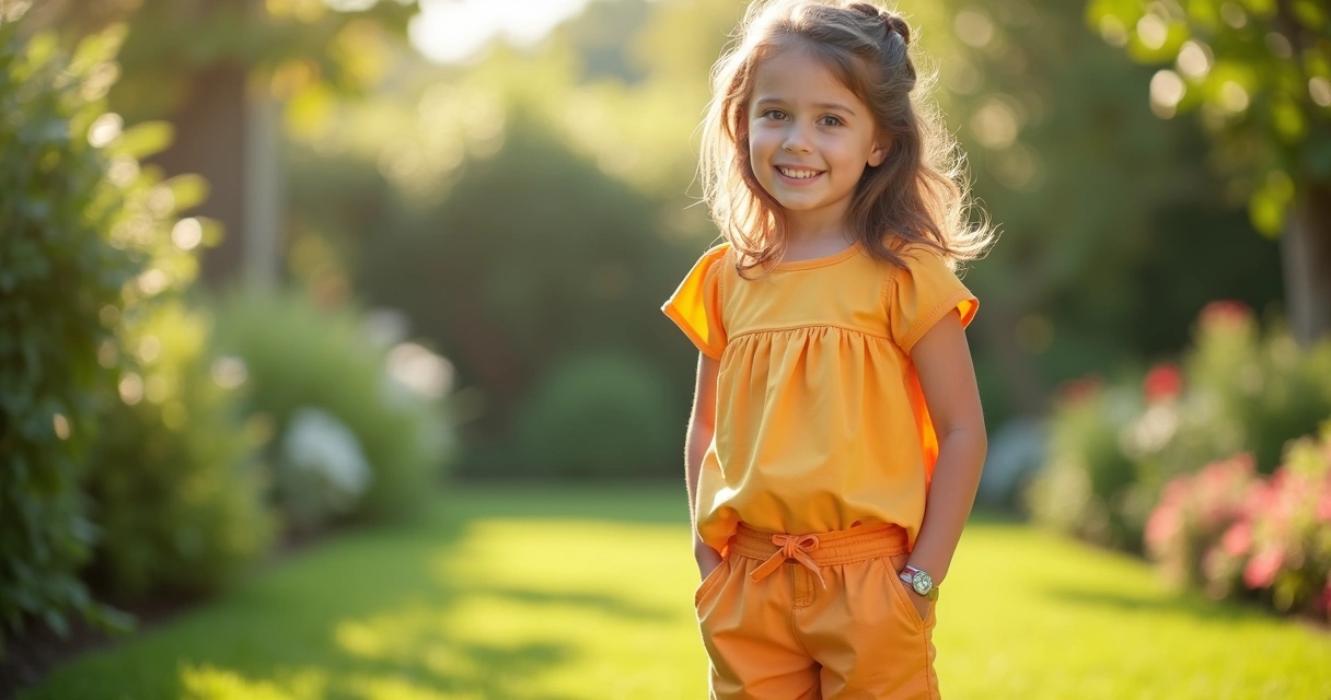 Menina vestindo conjunto infantil confortável com blusa colorida e shortinho, em ambiente externo iluminado e natural 