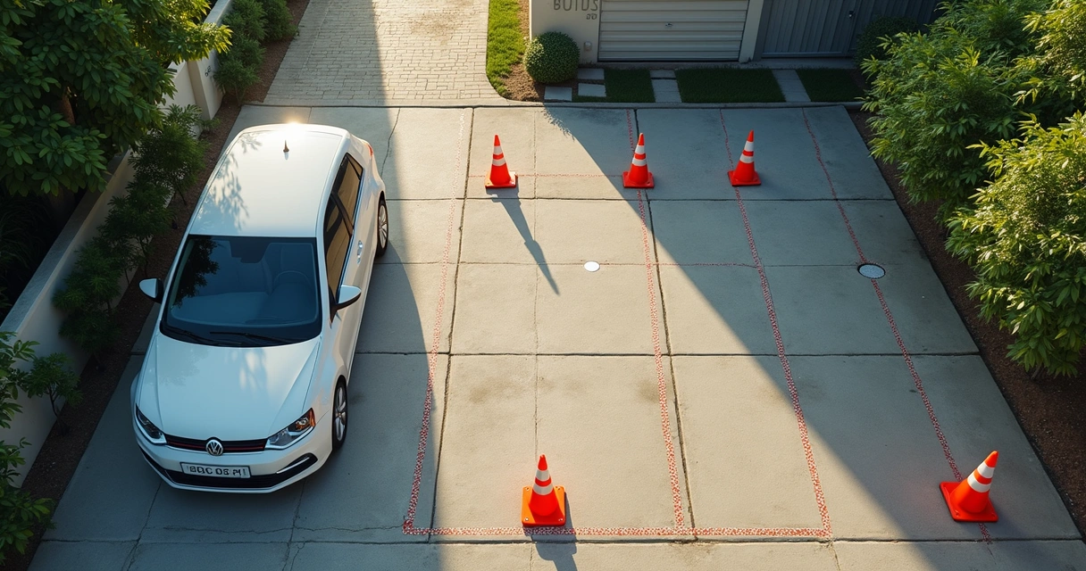 Cones, garrafas pet e fitas adesivas formando vaga de estacionamento