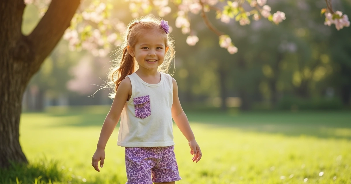 Menina vestindo conjunto branco e roxo com detalhes florais em parque iluminado pelo sol