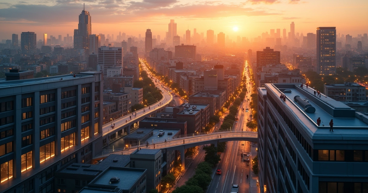 Network of glowing lines connecting people across a city during change 
