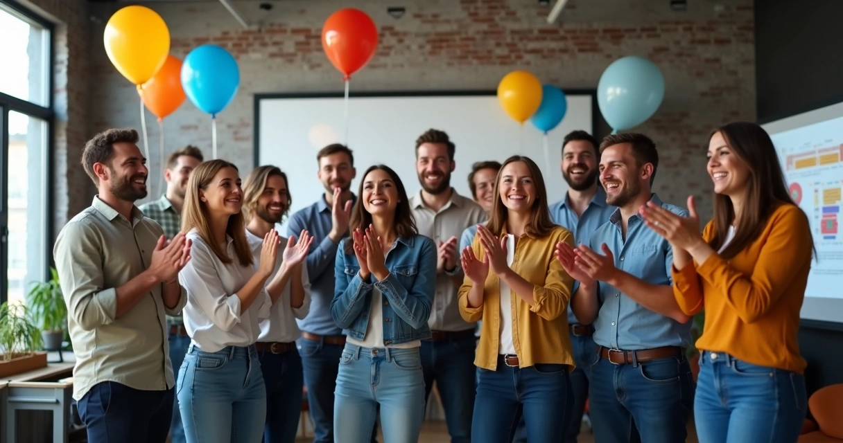 Equipe de trabalho comemorando conquista coletiva